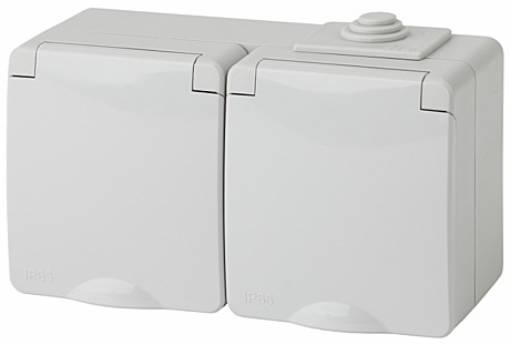 Электроустановка ЭРА Розетка 2х2P+E гориз. IP65, 16A-250В, ОУ, серый