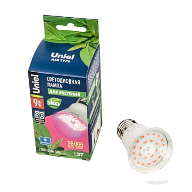 Лампа светодиодная для растений LED-A60-9W/SP/E27/CL ALM01WH спектр для рассады Uniel