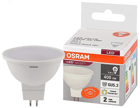 Лампа светодиодная LED 5 Вт GU5.3 3000К 400Лм спот 220В OSRAM