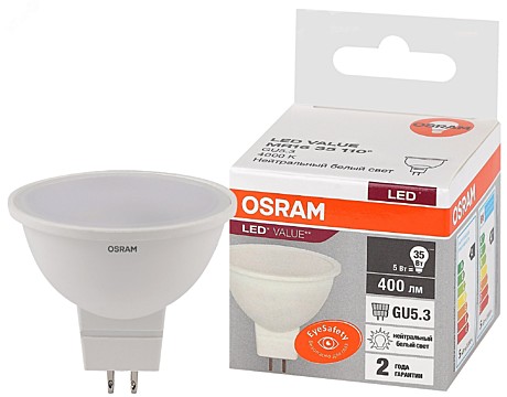 Лампа светодиодная LED 5 Вт GU5.3 4000К 400Лм спот 220В OSRAM